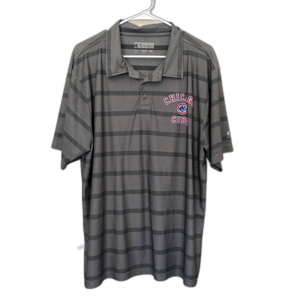 True Fan MLB Chicago Cubs Gray‎ Striped Performance Polo Shirt Baseball Size XL